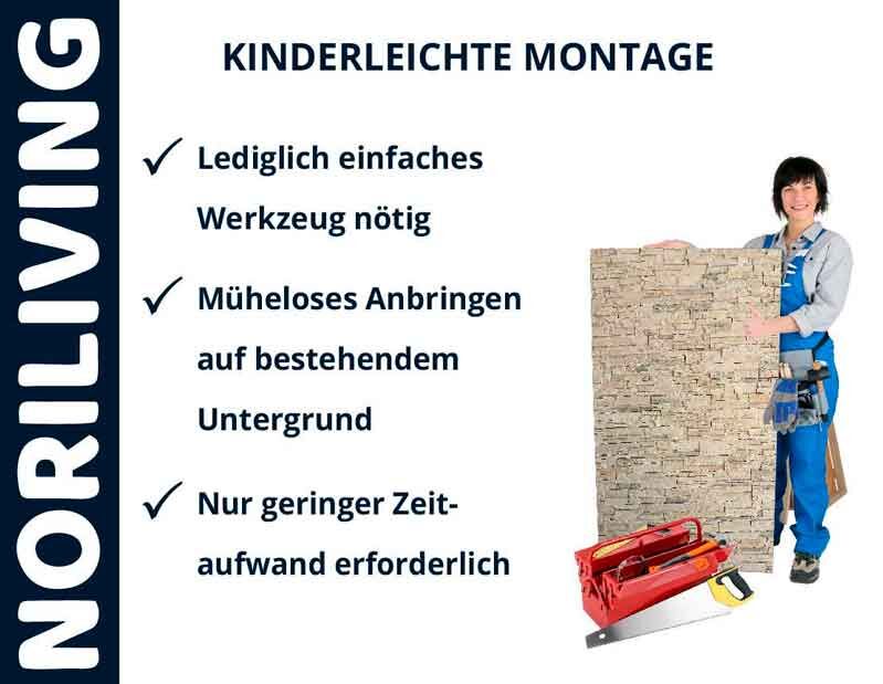 Eine Frau in Arbeitskleidung präsentiert eine Wandverkleidung. Text besagt: Kinderleichte Montage, lediglich einfaches Werkzeug nötig, müheloses Anbringen, geringer Zeitaufwand. Noriliving Logo links.