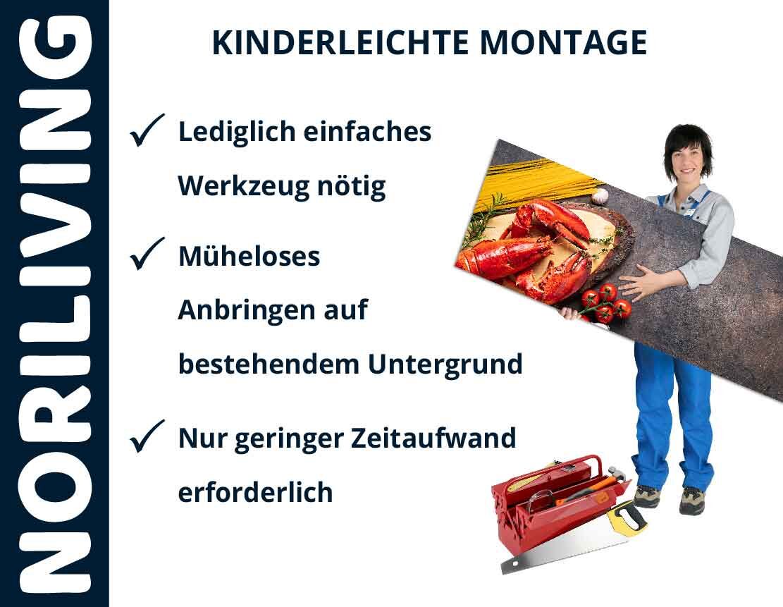 Person hält eine Platte dekoriert mit einem Hummermotiv. Text: NORILIVING, kinderleichte Montage, einfaches Werkzeug nötig, müheloses Anbringen, geringer Zeitaufwand.