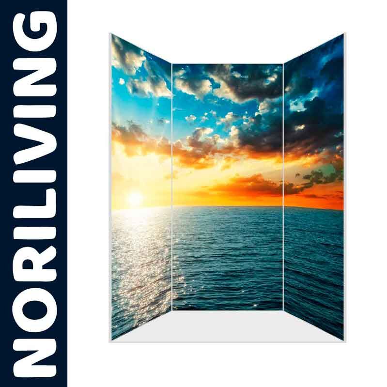 Paravent mit Bild eines Sonnenuntergangs über dem Meer, dreiteilig, von Noriliving
