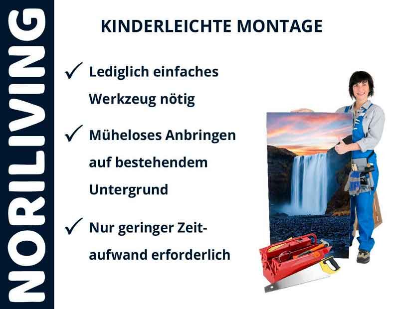 Person in Arbeitskleidung hält ein Landschaftsbild, daneben Montageanleitung für NORILIVING mit einfachen Werkzeugen und geringem Zeitaufwand.