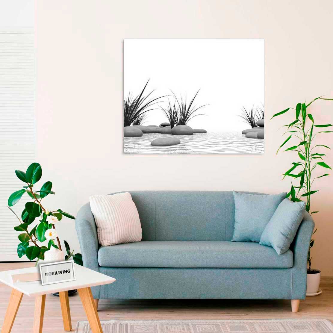Wandbild über dem Sofa mit Motiv Zen Gras Steine 940 schwarz-weiß