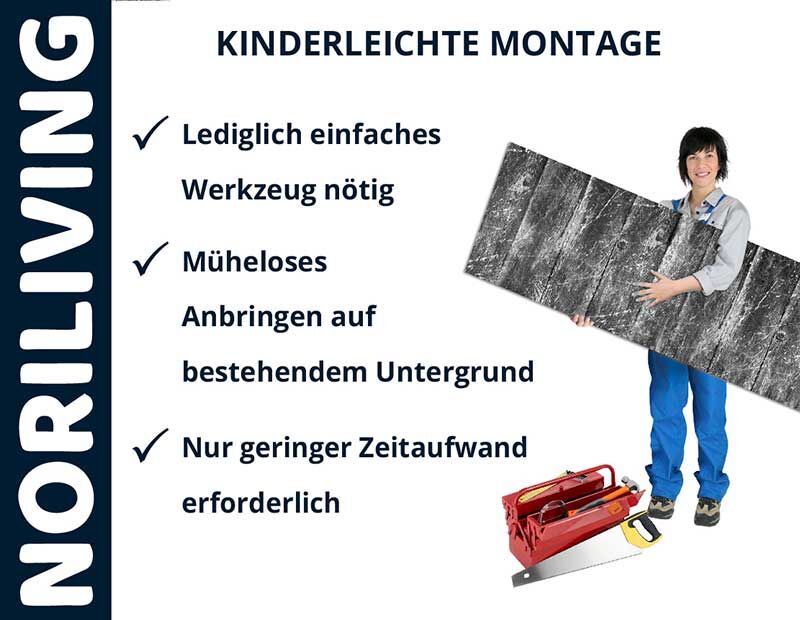 Person präsentiert NORILIVING Montage: Einfaches Anbringen mit wenig Aufwand und schlichtem Werkzeug.