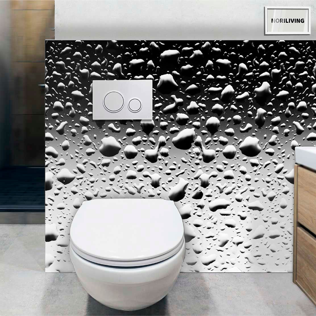 im WC eingebaute Toilettenrückwand mit Motiv Wasser Tropfen monochrom 916 schwarz-weiß