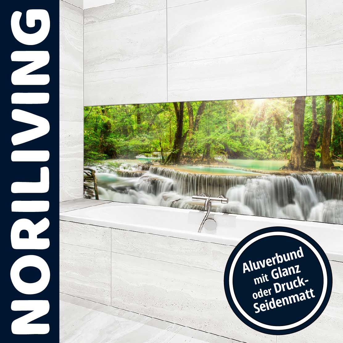Badewanne mit dekorativem Aluverbund in Wasserfall-Design von NORILIVING, umgeben von weißen Fliesen.