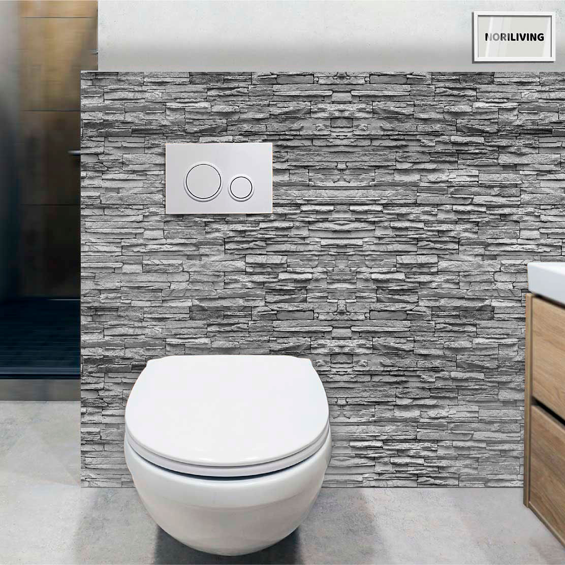 im WC eingebaute Toilettenrückwand mit Motiv Steinverblender Schiefer hell 3441a schwarz-weiß
