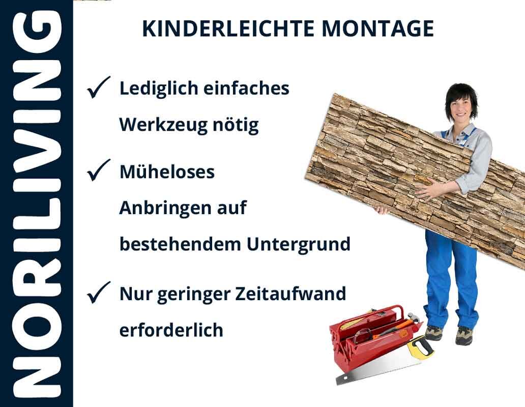 Montageanleitung für Noriliving Paneele mit Person, die ein Paneel hält, und benötigtem Werkzeug