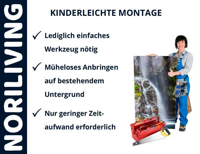 Werbung für Noriliving mit Frau, die ein Bild eines Wasserfalls hält, und den Vorteilen: kinderleichte Montage, einfaches Werkzeug, müheloses Anbringen, geringer Zeitaufwand
