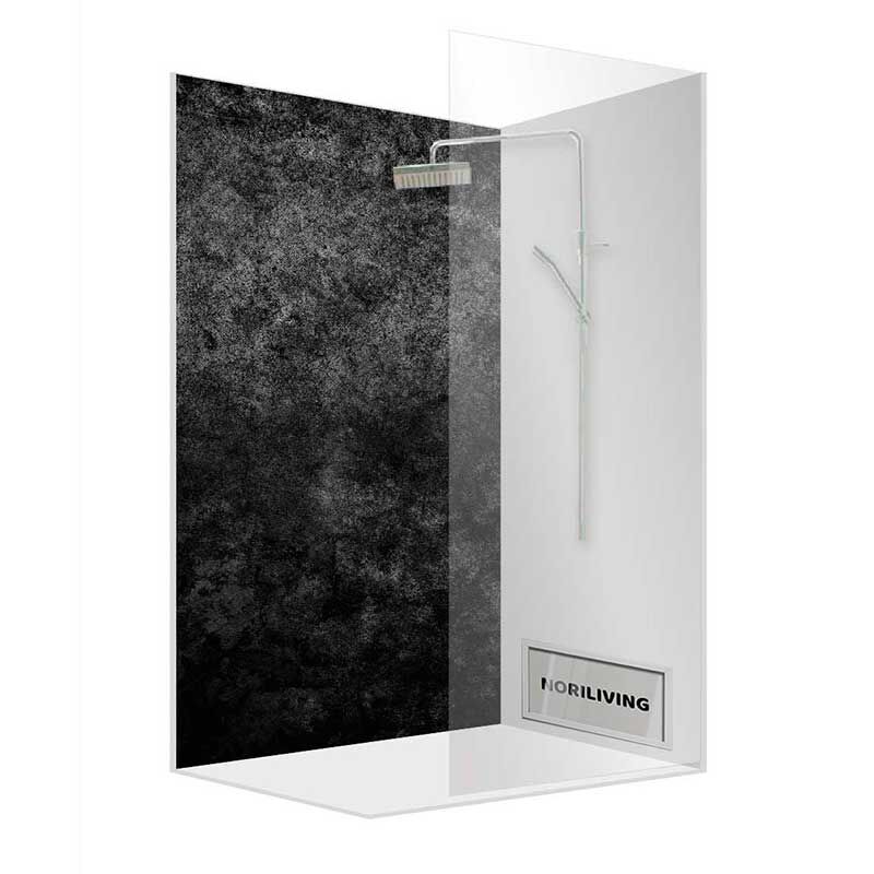 Elegante Duschkabine mit Glaswänden, schwarzer Rückwand und Regenduschkopf