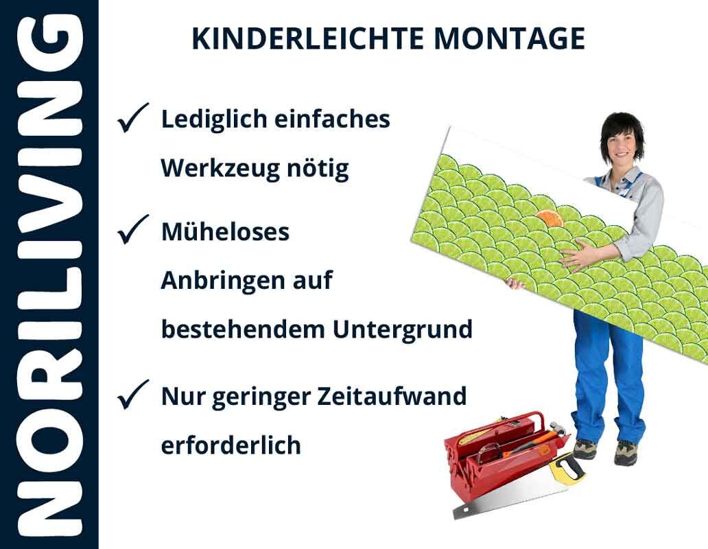 Person zeigt eine Montagewand mit Werkzeug, mühelose Anbringung von Noriliving-Produkten