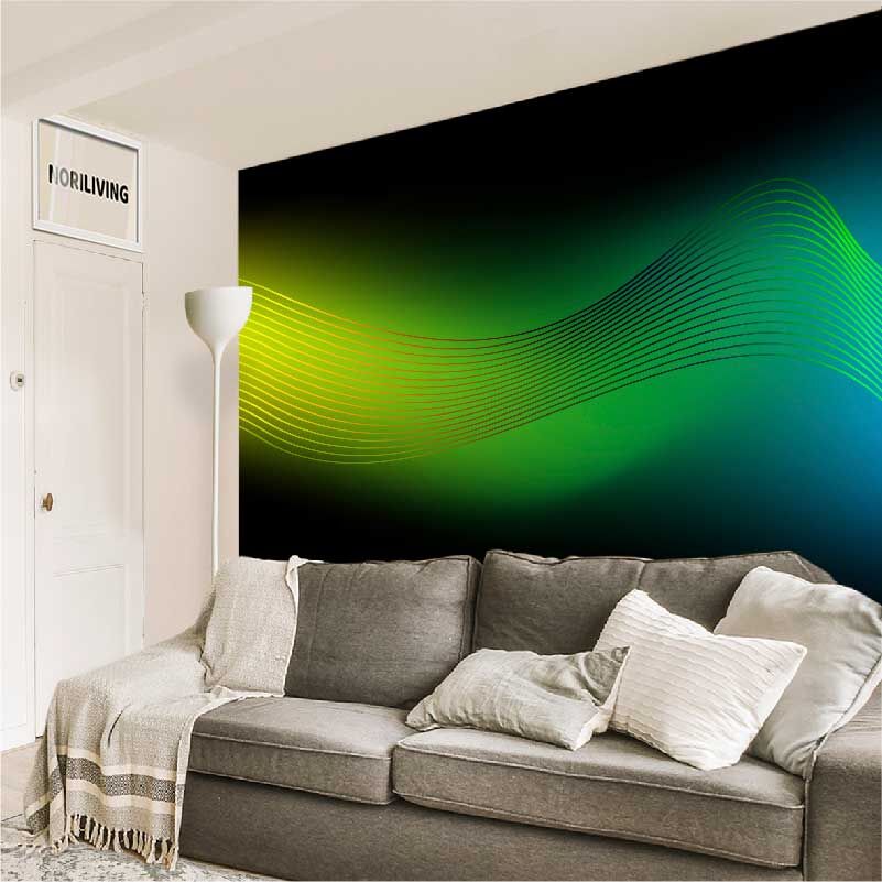 im Wohnzimmer eingebaute Wohnzimmerrückwand mit Motiv Regenbogen-Hintergrund mit wellenförmigen Linien 943
