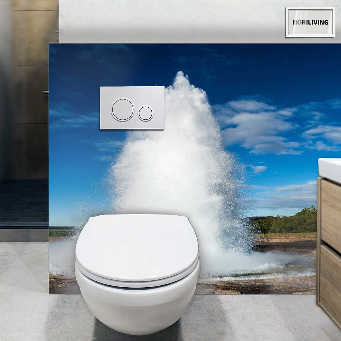 im WC eingebaute Toilettenrückwand mit Motiv ausbrechender Geysir heißer Quellen auf Island 011