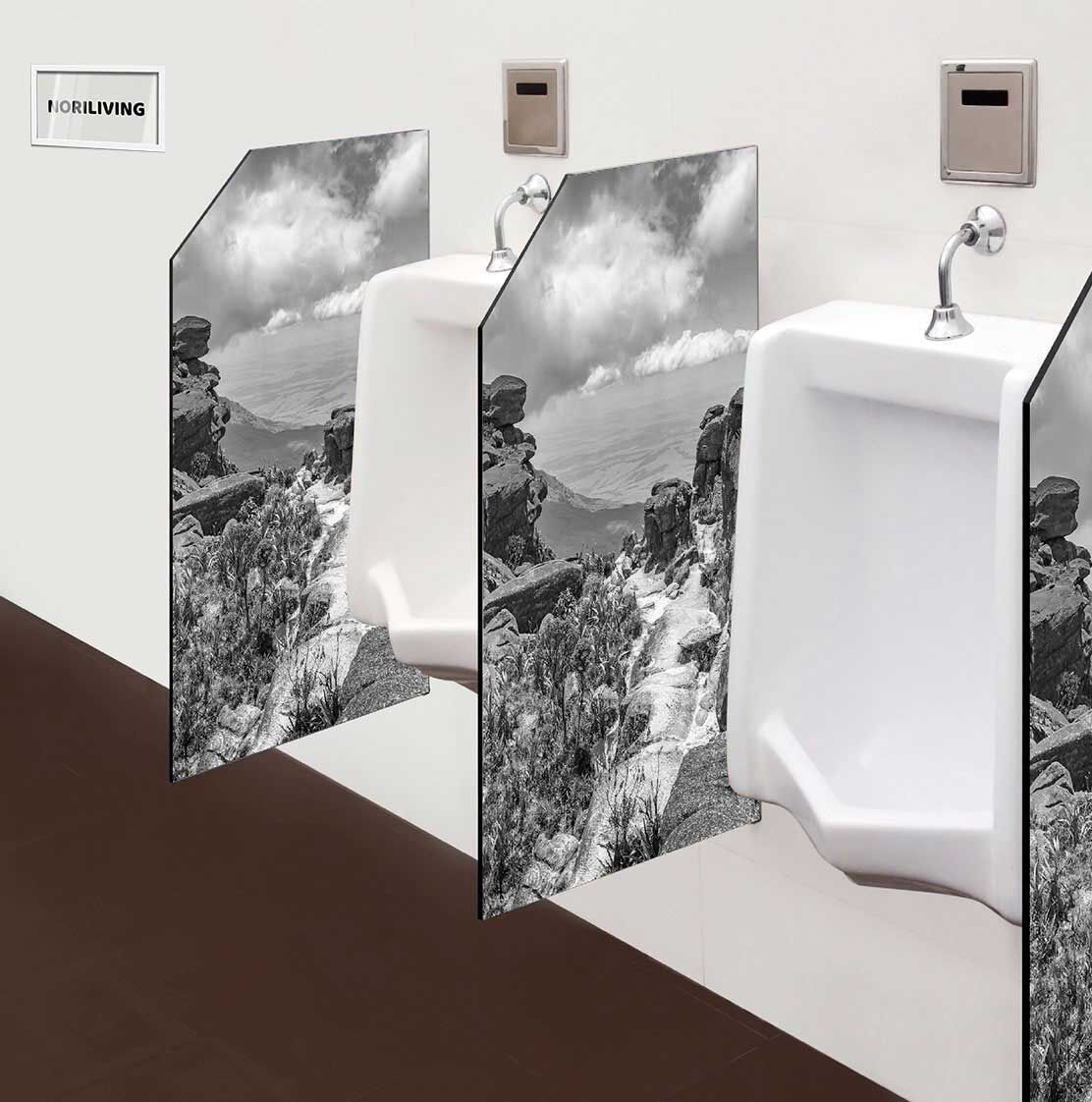 in der Toilette eingebaute Schamwand mit Motiv Blick vom Berg ins Tal 646 schwarz-weiß