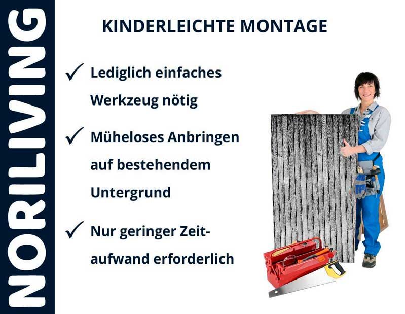 Handwerkerin mit Montagewerkzeug und NORILIVING Paneel – Einfache und schnelle Installation