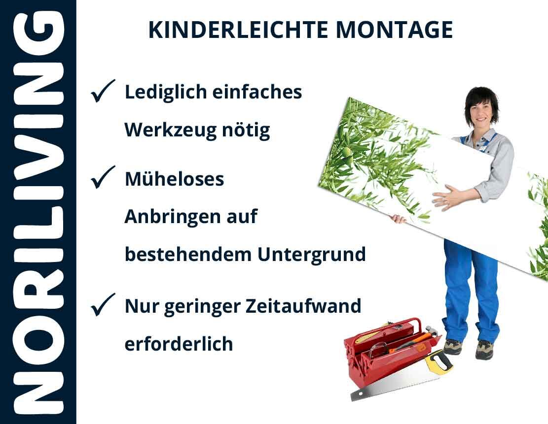 Grafik mit Text 'Noriliving kinderleichte Montage', Person hält Wandpaneel, Werkzeuge darunter