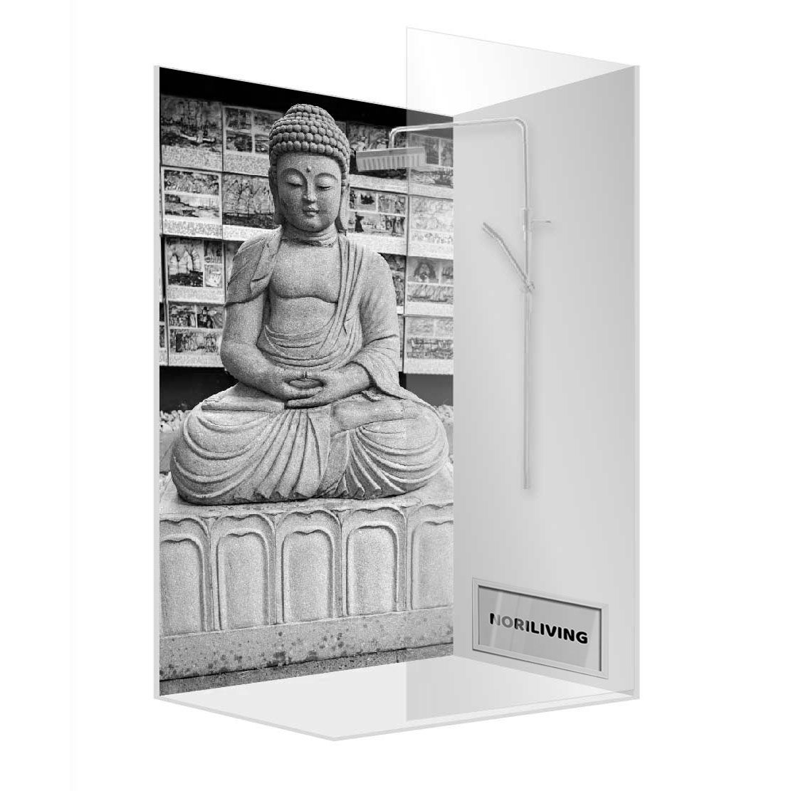 Abbildung einer Einzel-Duschrückwand mit Motiv Buddha in Madeira 345 schwarz-weiß