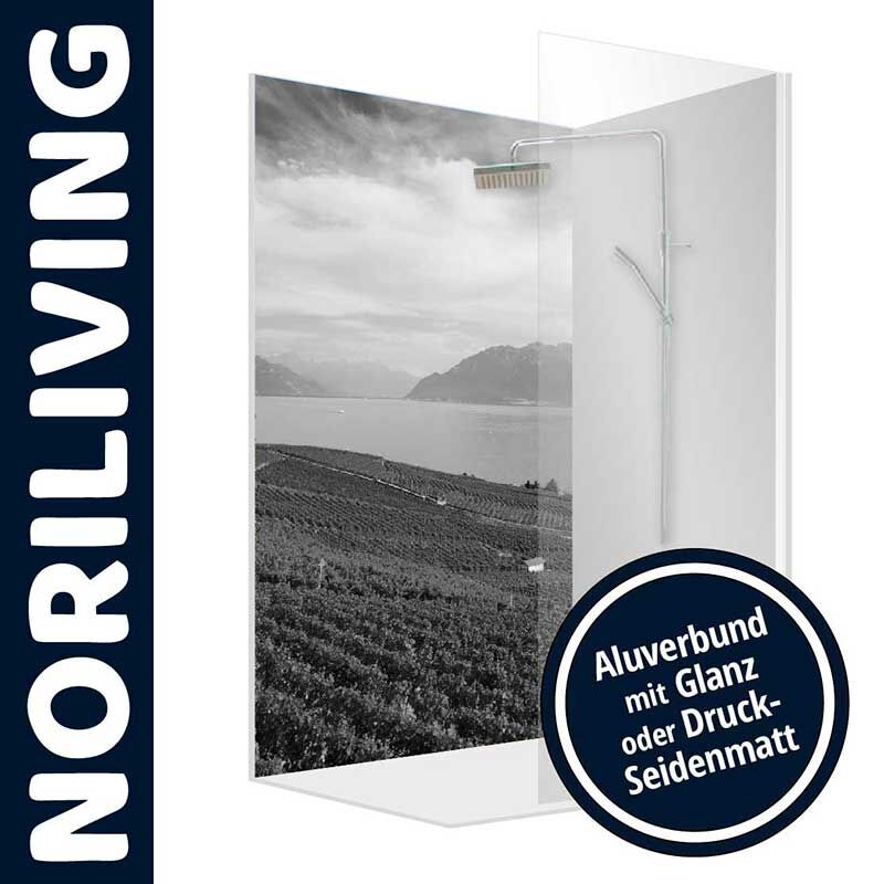 Duschwand von Noriliving mit Aluverbund und Landschaftsmotiv, wahlweise in Glanz oder Druck-Seidenmatt