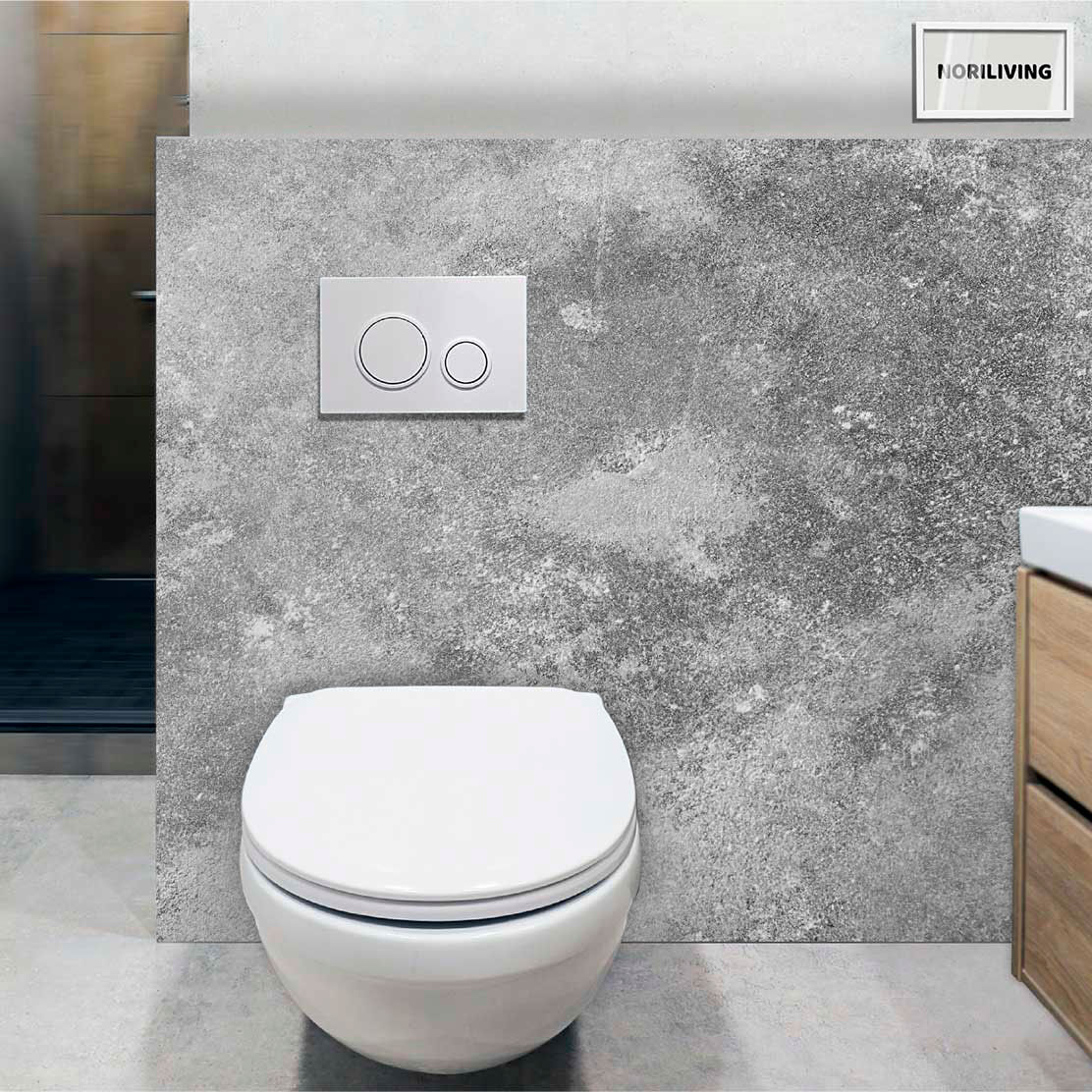 im WC eingebaute Toilettenrückwand mit Motiv Beton blaugrau 237 schwarz-weiß