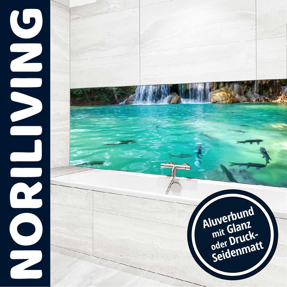 Ansicht des Badrückwand-Motivs Wasserfall mit Pool 512 Unterkante