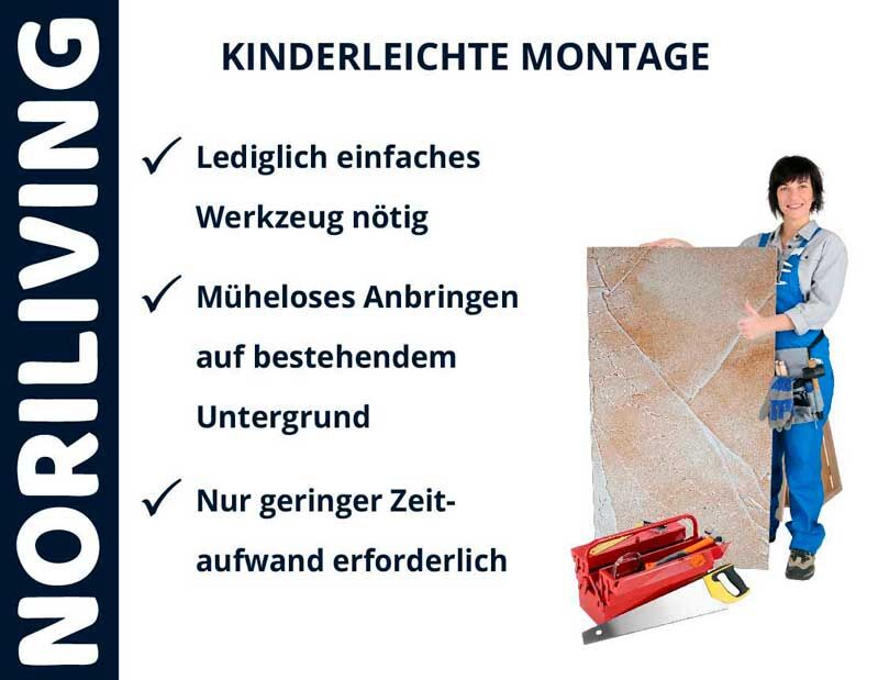 Werbung für Noriliving-Wandbelag mit einfacher Montage, wenig Werkzeug nötig, gezeigt mit Handwerker und Steinplatte.