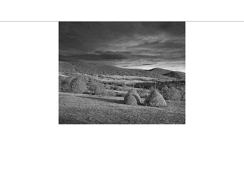 Schwarzweißfoto von Heuhaufen auf einem Feld mit bewölktem Himmel und Hügeln