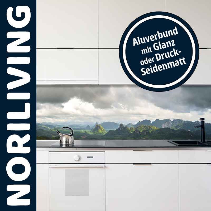 Kücheninterieur mit Noriliving Aluverbund Rückwand in Glanz oder Druck-Seidenmatt, Landschaftsmotiv