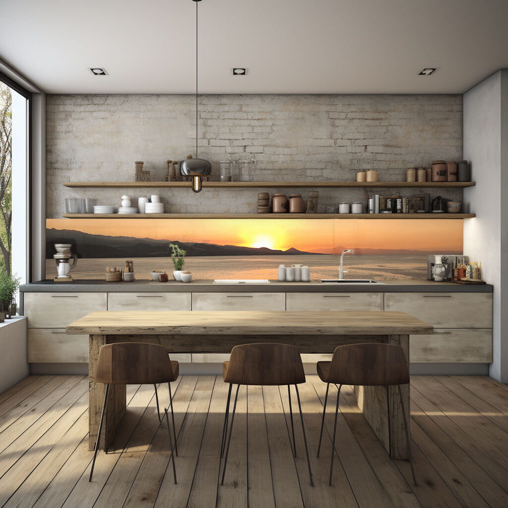 Moderne Küche mit rustikalem Holztisch und Sonnenuntergangs-Hintergrund Eine stilvolle Küche mit modernem Design, rustikalem Holztisch und einem beeindruckenden Sonnenuntergangsbild als Rückwand, umgeben von minimalistischen Regalen und Geräten.