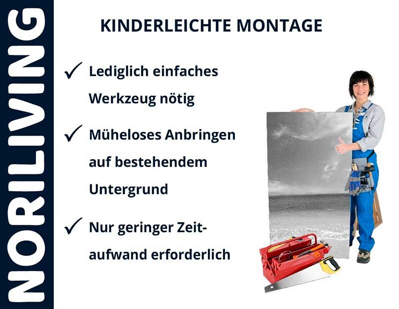 Mann erklärt die einfache Montage einer Wanddekoration von NORILIVING mit nur einfachem Werkzeug.