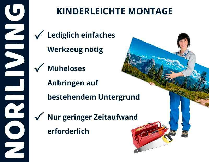 Frau hält ein Wandbild von Noriliving; einfache Montage mit geringem Zeitaufwand und minimalem Werkzeug erforderlich.