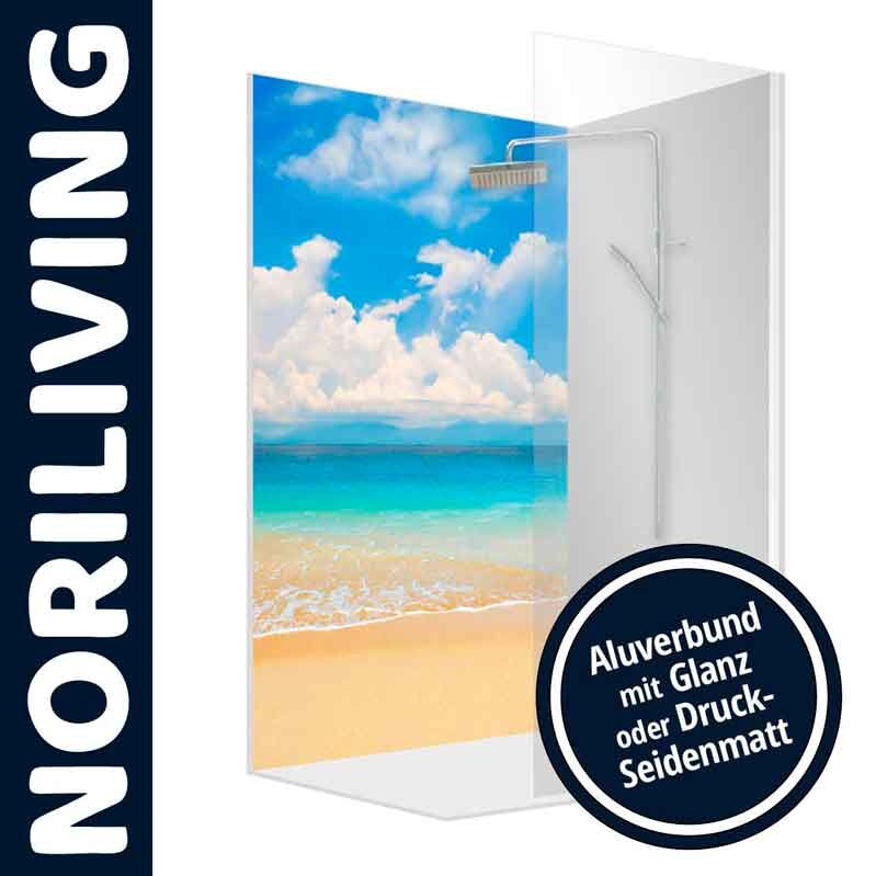 Duschwand von Noriliving mit Strandbild, Aluverbund mit glänzender oder seidenmatter Oberfläche