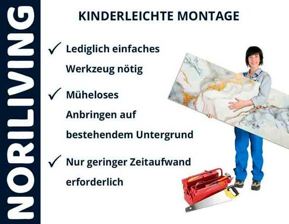 Frau präsentiert eine NoriLiving-Platte mit Werkzeug für einfache Montage. Hervorgehobene Vorteile: einfaches Werkzeug, mühelose Anbringung, geringer Zeitaufwand.