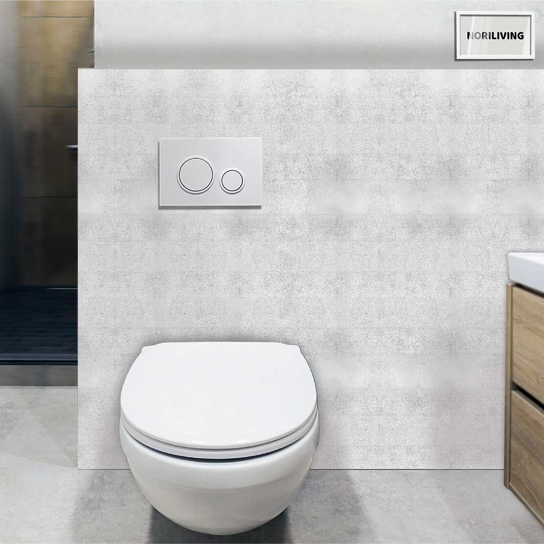 im WC eingebaute Toilettenrückwand mit Motiv verputzte Steinmauer 041
