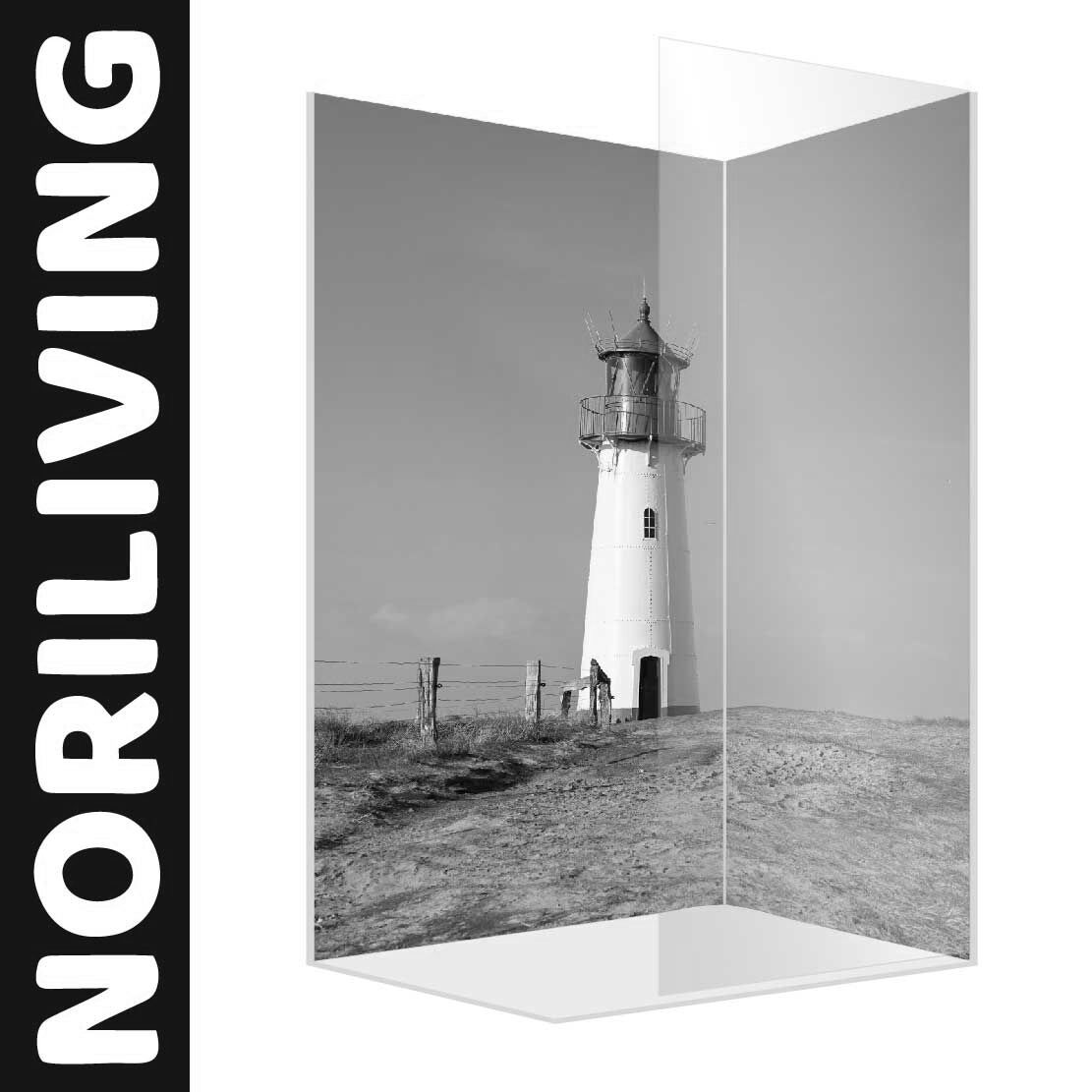 Abbildung einer Eck-Duschrückwand mit Motiv Leuchtturm auf Sylt Nordsee 076 schwarz-weiß