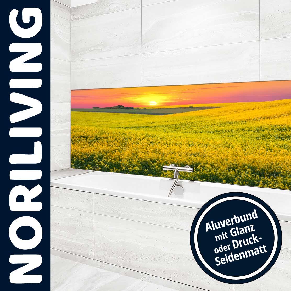 Ansicht des Badrückwand-Motivs Sonnenuntergang über einem Feld gelber Blumen 396 Unterkante