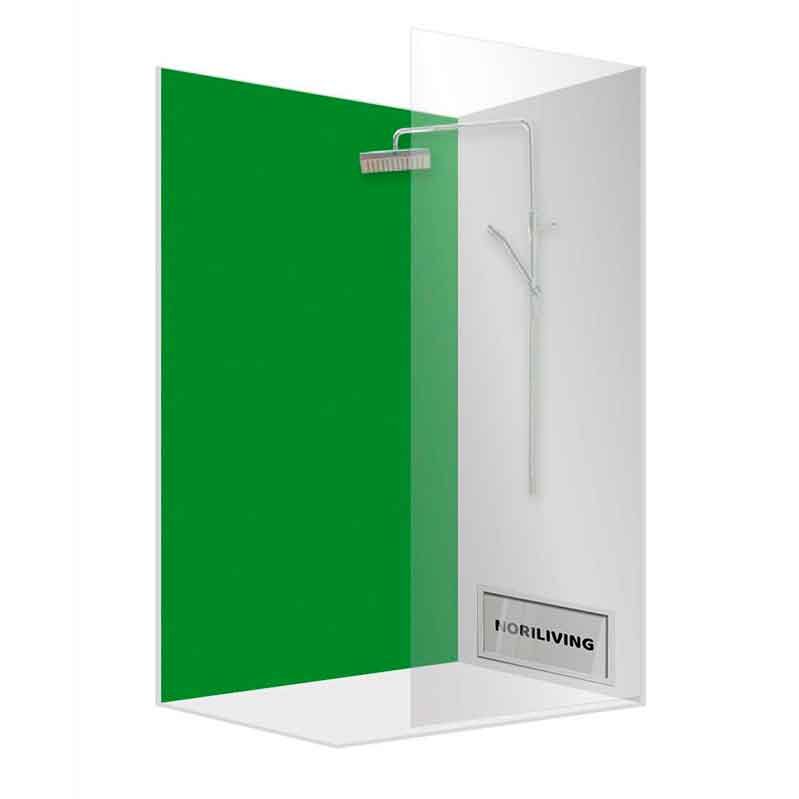 Transparente Eckglasdusche mit grünem Hintergrund und Duschkopf