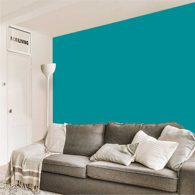 im Wohnzimmer eingebaute Wohnzimmerrückwand mit Motiv Unifarbe Türkis 2353