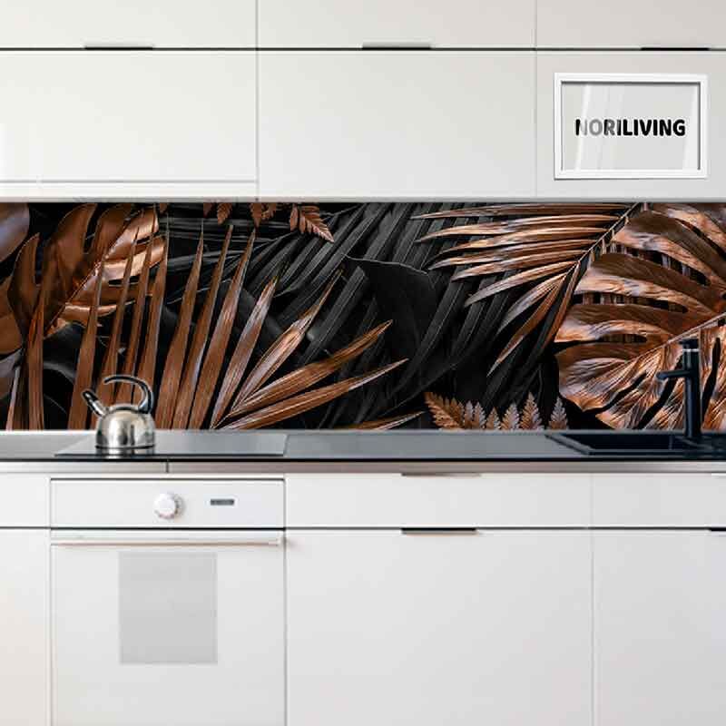 in der Küche eingebaute Küchenrückwand mit Motiv Kupfer und grau tropische Monstera- und Palmenblätter 459