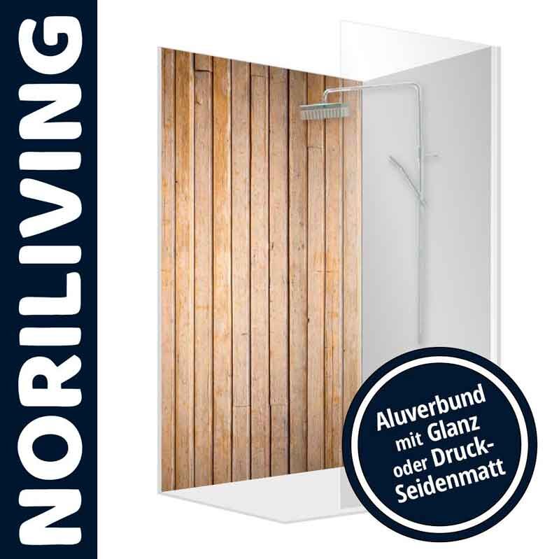 Norliving Duschwand mit Holzoptik, erhältlich in Glanz oder Druck-Seidenmatt, und Aluverbund-Material