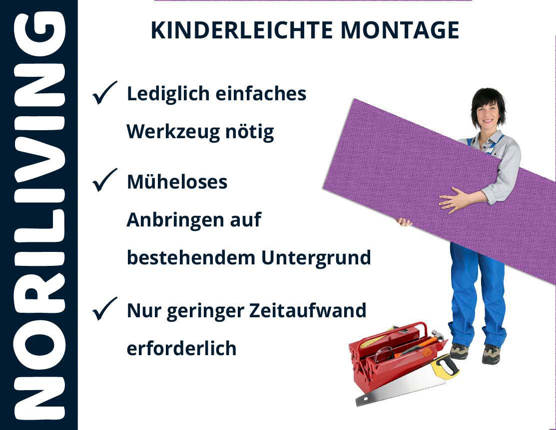 Person zeigt eine einfache Montageanleitung mit Werkzeugen und Materialien von Noriliving