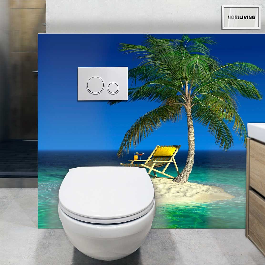 im WC eingebaute Toilettenrückwand mit Motiv kleine Insel mit Strandliege 666