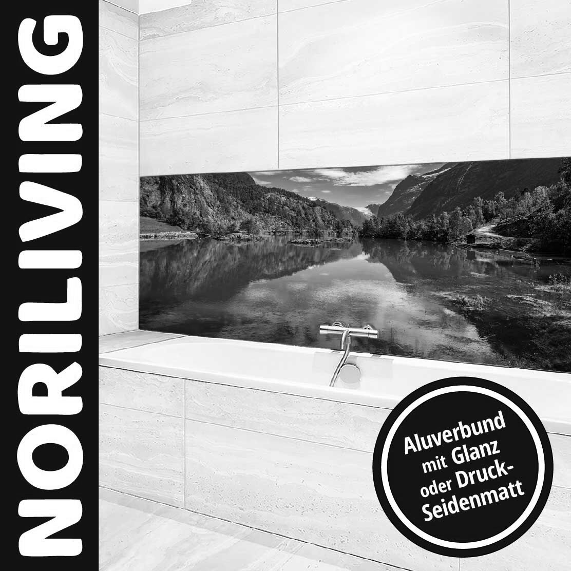 Ansicht des Badrückwand-Motivs Gebirgssee in Norwegen 798 schwarz-weiß Unterkante