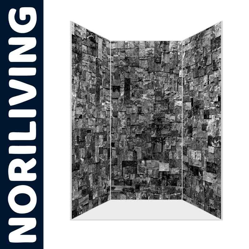 Graue Duschwand mit Steinoptik-Verkleidung von noriliving