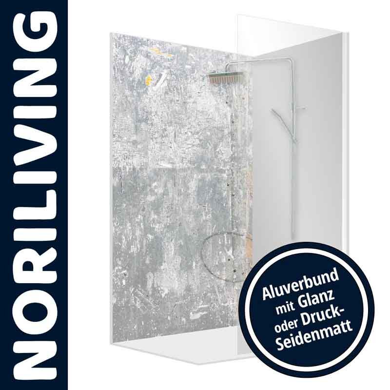 Moderne NORILIVING Duschwand mit Aluverbund-Oberfläche in Glanz oder Druck-Seidenmatt