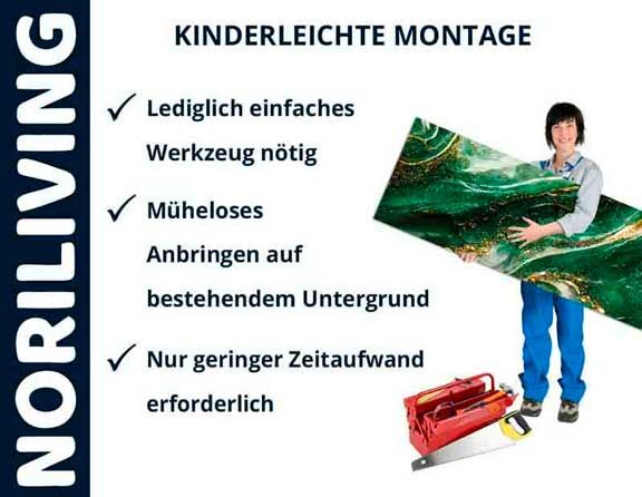 Bild einer Person mit einer großen grünen Platte, umgeben von Werkzeugen und einem Text über die kinderleichte Montage von Noriliving.