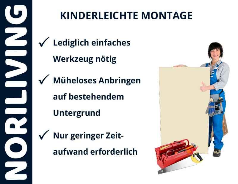 Frau in Arbeitskleidung präsentiert Montage-Leichtbau mit Noriliving. Einfache Handhabung, minimaler Werkzeugbedarf, schnelle Installation.