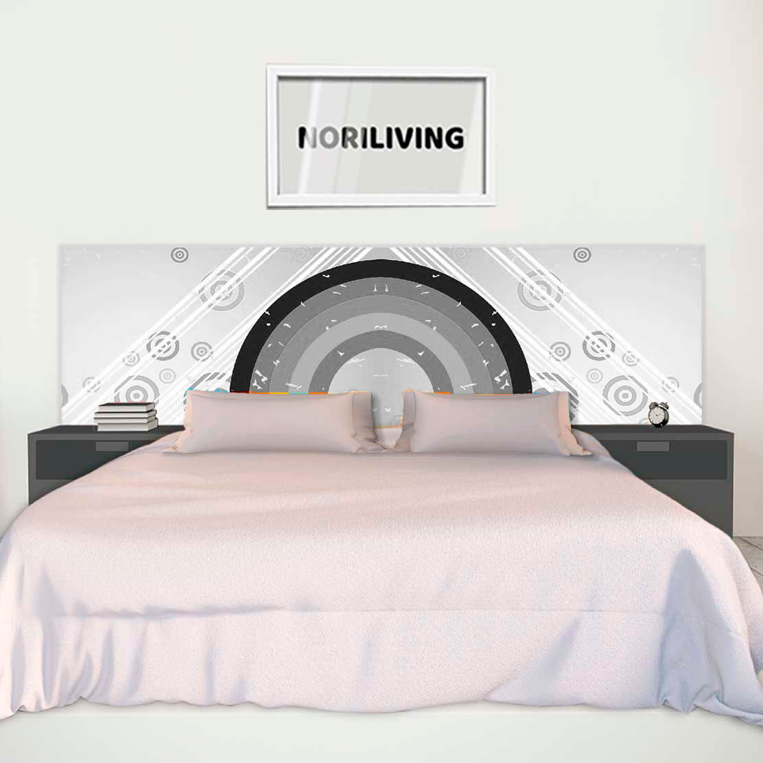 im Schlafzimmer eingebaute Bettrückwand mit Motiv 70er Muster mit Kreisen 909 schwarz-weiß