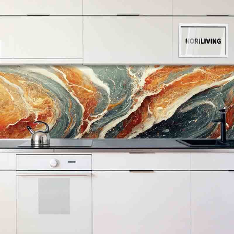 in der Küche eingebaute Küchenrückwand Profiline mit Motiv Marmorstruktur orange-rotorange und hellgrau 100