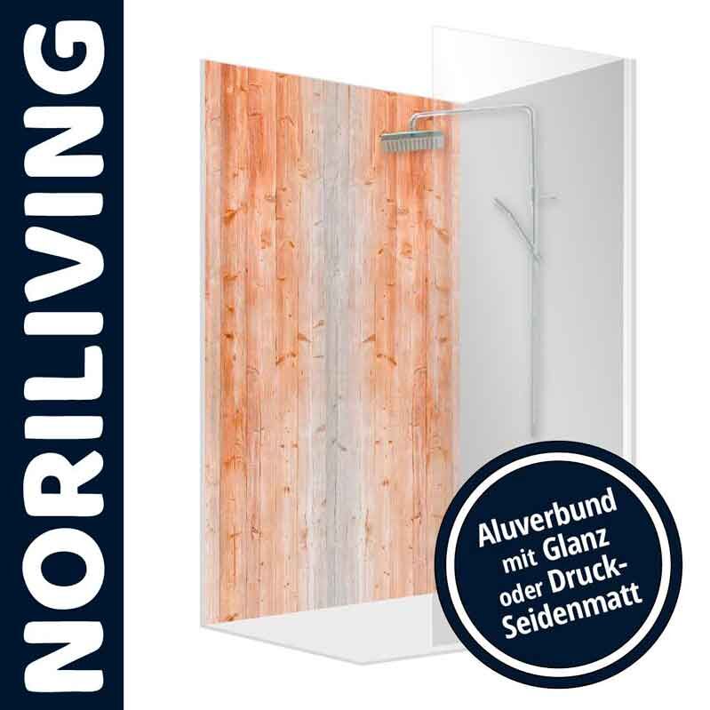 Duschverkleidung in Holzoptik von NORILIVING, wahlweise mit glänzendem oder mattem Alubund