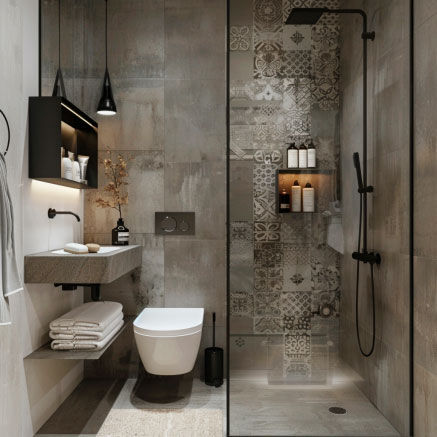 Modernes Badezimmer mit Regendusche und moderner Einrichtung Ein stilvolles Badezimmer mit Regendusche, beige Fliesen und schwarzen Akzenten. Moderne Ausstattung mit Wandregalen, Spiegel und Handtüchern.