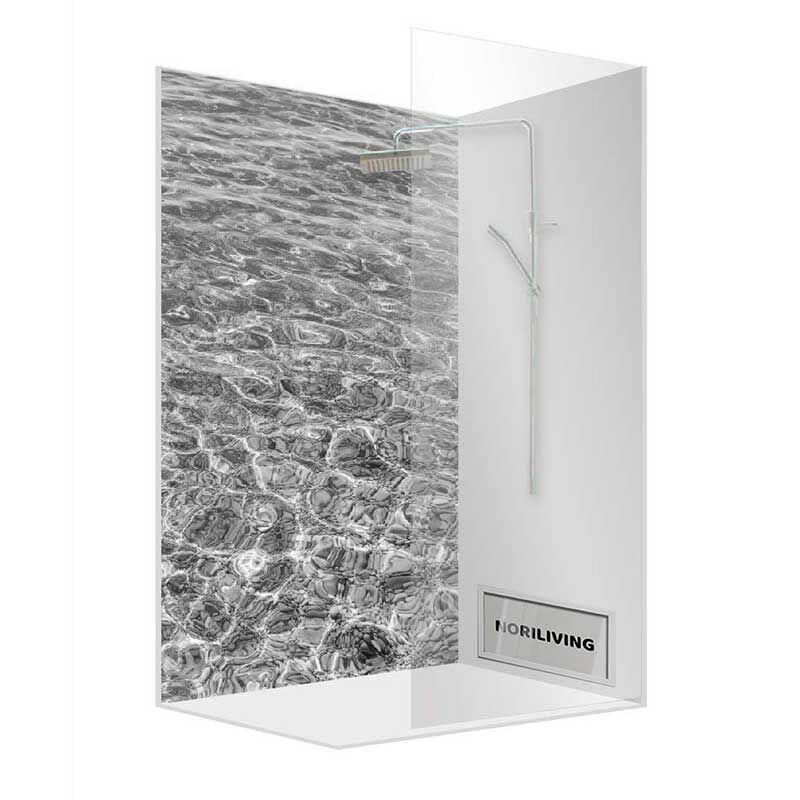 Eckdusche mit transparenten Wänden und Wasser-Muster Design auf einer Wand
