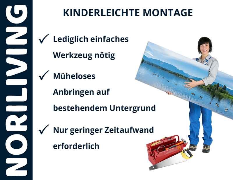 Person hält ein Landschaftsbild, bewirbt einfache Montage mit minimalem Werkzeugaufwand von NORILIVING